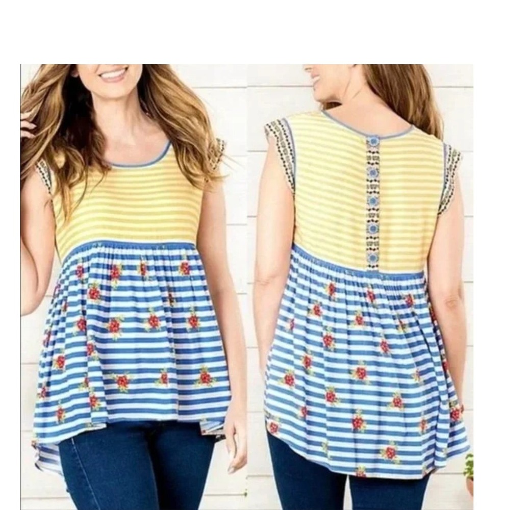 Matilda Jane Tunic Top Floral Striped‎ Sleeveless Button Back Size XS Strawberry